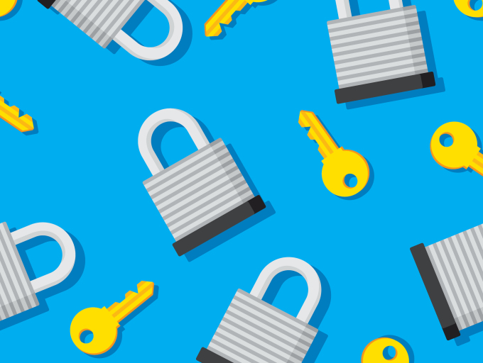 Vector illustration of padlocks and keys in a repeating pattern against a blue background.