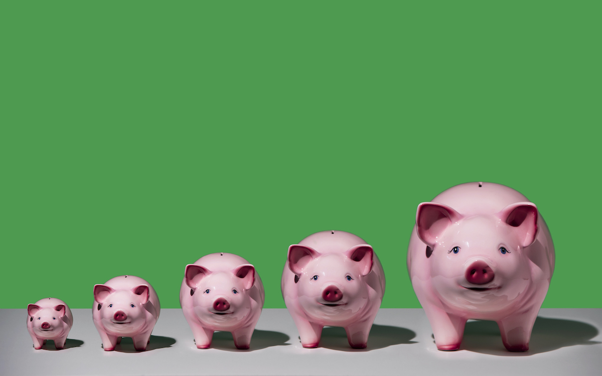 Line of differently sized pink ceramic piggy banks in ascending size order on white surface, green background